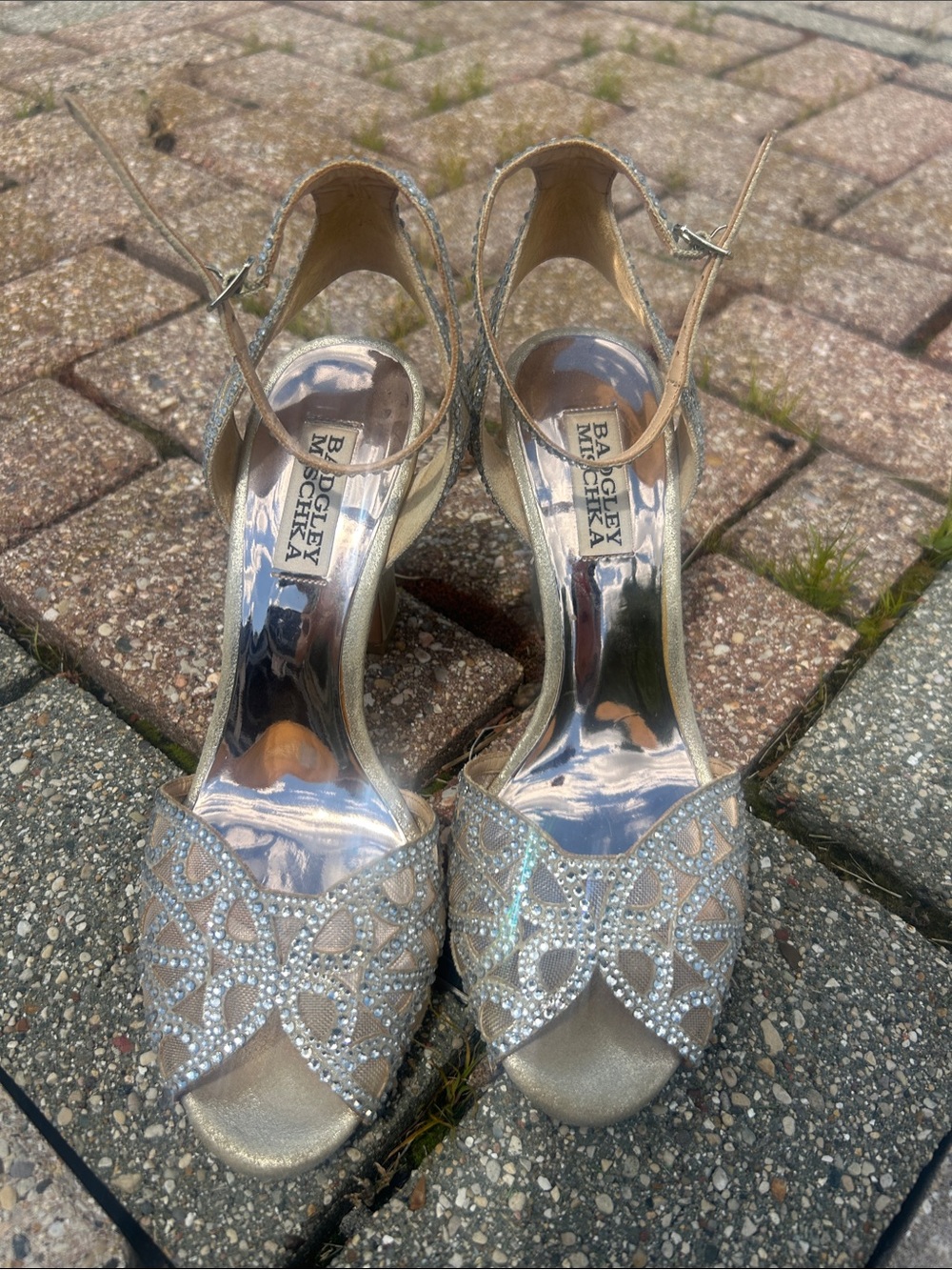 Badgley Mischka Gold Crystal-Embellished Open-Toe Heels
